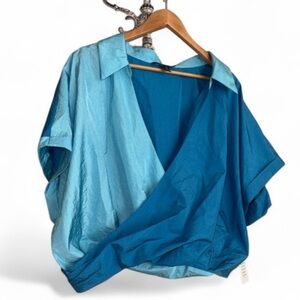 Eloquii wrap blouse deep v neck gathered plunge collar color block NEW blue 24